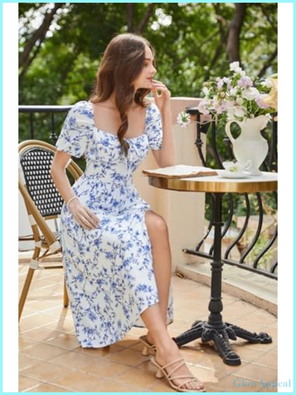 Floral Corset Midi Dress with Thigh Slit, Square Neck, Puffed Sleeves, Side - Picture 4 of 6